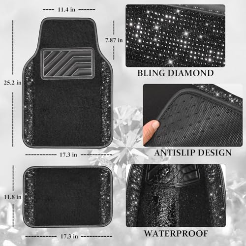 CAR PASS Bling Diamond Car Floor Mats, Sparkling Crystal Shining Glitter Rhinestone Carpet, Anti-Slip PVC Heel Pad Waterproof Universal for Automotive SUV,Sedan,Van,4pcs Girl Women Men Black Diamond - color: Black Diamond
