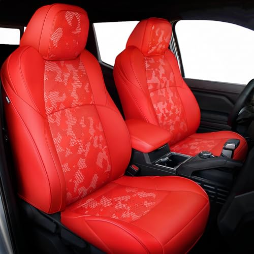 Carlimeki Leather Seat Covers Custom Fit for Tacoma Gen 4th (2024-2026) Double Cab, for SR, SR5, TRD PreRunner, TRD Sport, TRD Off-Road, Limited, Trailhunter - Armrest Covers Included - Fully Covered - color: 2024-2026 (Camouflage Red) & Full Set, size: 4