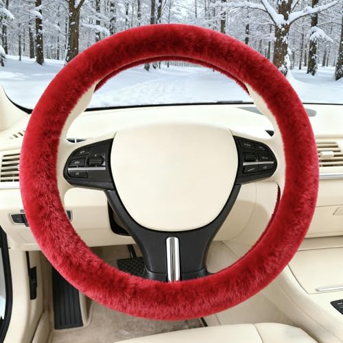 Furry Warm Steering Wheel Cover, Universal 14.5-15 Inch Winter Plush Warm Steering Wheel Cover, Soft Fluffy, Anti-Slip Design, Soft Texture (Red) - color: Red Plush