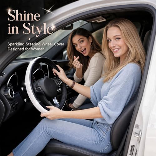 Bling Rhinestone Car Steering Wheel Cover for Women,PU Leather Crystal Diamonds Crown Steering Wheel Covers Non-Slip Universal 15"/38 cm (Black) - color: Black