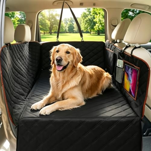 Back Seat Extender for Dogs, Hard Bottom Dog Car Seat Cover for Backseat Support 400lbs, Waterproof Pet Hammock with Mesh Window for SUVs, Cars & Small Trucks