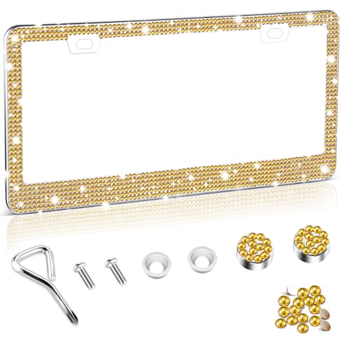 Amiss Bling License Plate Frame for Women, 1Pack Rhinestone Handcrafted Crystal Premium Stainless Steel, Stainless Steel Car Decorative Accessories with Diamond Sparkle Glitter Caps (Gold) - color: Gold, size: 1pc