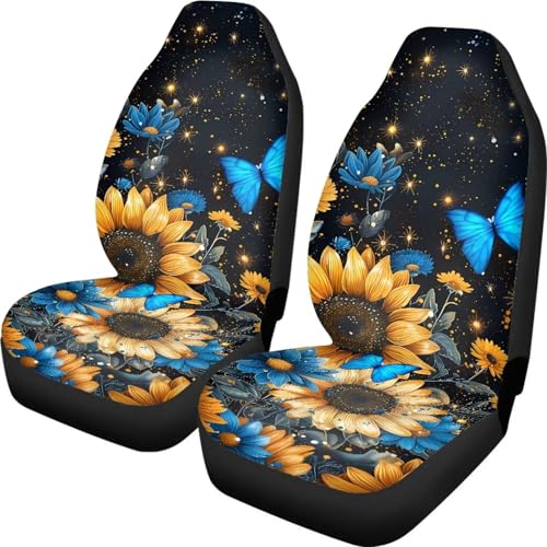 Sunflower Butterfly Pattern Car Seat Covers, Non-Fading Auto Bucket Seat Protector Full Set 2 Packs Universal Fit Vehicles Interior Decorative for Most Cars - color: Sunflower Butterfly 2