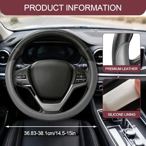 Car Steering Wheel Cover, Durable Leather Cover with Anti-Slip Lining, Microfiber PU Leather Elastic Steering Wheel Protector, Comfortable Non-Slip Steering Wheel Covers for Autos (Grey) - color: Grey