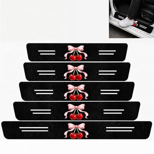 5PCS Cherry with Bow Car Door Sill Protector,Carbon Fiber Leather Door Sill Sticker,Anti-Scratch Scuff Plate Sticker for All Car Models,Kawaii Car Accessories Decor,Cherry Bow Gifts for Women - color: Cherry With Bow