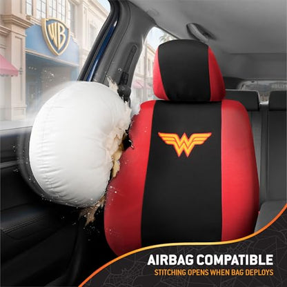 BDK Wonder Woman Car Seat Covers - Full 9 Piece Set - Warner Brothers Polyester Seat Protectors Black & Red - size: Full Set, style: Wonder Woman