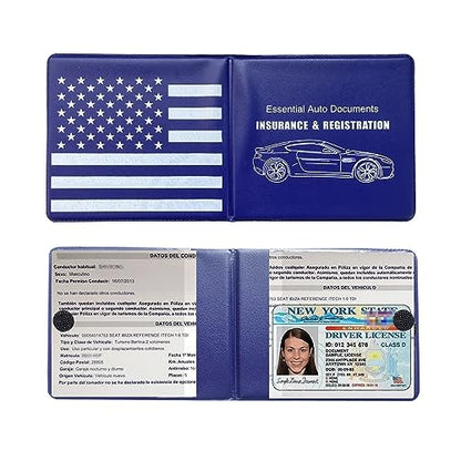 Ziciner Car Registration Insurance Holder, 2Pack Essential Auto PVC Card Document Glove Box Organizer with Velcro Closure, Universal Car Accessories for Men & Women (Blue/Back Flag) - color: Blue/Back Flag