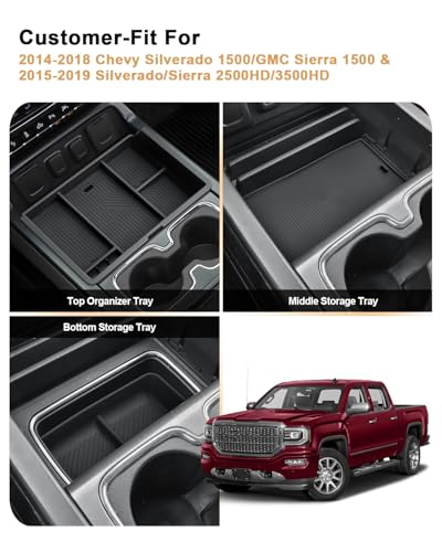 ECOZEN 3 Pcs Center Console Organizer Set For 2014-2018 Silverado/Sierra 1500 & 2015-2019 Silverado/Sierra 2500HD/3500HD Interior Accessories - Full Console w/Bucket Seat ONLY - size: 2014-2018 Silverado/Sierra-3 Pcs