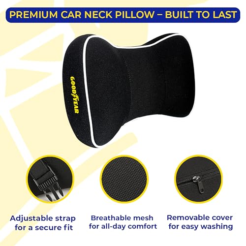 Goodyear Car Neck Pillow, Soft Memory Foam Headrest Pillow for Driving, Ergonomic Car Seat Headrest Cushion with Adjustable Strap, Breathable & Removable Cover, Neck Pain Relief, Black - color: Black
