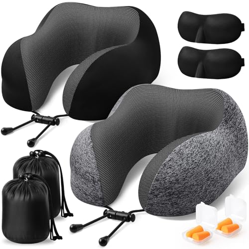 ExploreBliss Travel Pillow, 2 Pack Travel Pillows for Sleeping Airplane, Removable Cover Neck Pillow with Adjustable Clasp, Memory Foam Neck Pillow Set (Dark Grey & Black) - color: Dark Grey & Black