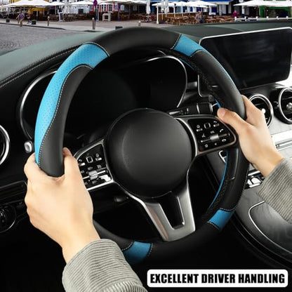 Microfiber Leather Steering Wheel Cover, Breathable, Anti Slip, 13.5 inch to 14 inch, Black with Blue - color: Black Blue, size: Round-Small[13.5''-14'']