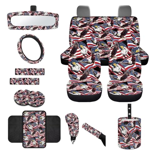 Wanyint Car Seat Cover Set for 4th of July, with Steering Wheel Seat Belt Strap Rearview Mirror Handbrake Gear Shift Knob Cover Rubbish Bin Armrest Pad Coasters, 14 PCS, American Flag Eagle Print - color: American Flag Eagle Print