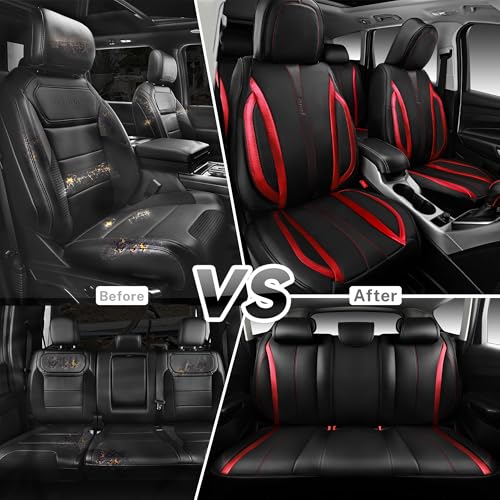 CAR PASS Nappa Leather Car Seat Covers, Durable Waterproof Luxury Universal Seat Covers for SUV Pick-up Truck Sedan, Anti-Slip Driver 5 Seat Covers Full Set with Backrest, Black Metallic Red - color: Black Metallic Red, size: Full Set