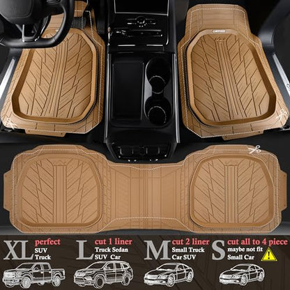 CAR PASS Tire Tread DeepDish Rubber Floor Mats for car Heavy Duty car mats All Weather, Universal XL~M Trim to Fit for Truck SUV Vehicle Automotive, Waterproof car mats 3 piece Solid Beige - color: All Beige