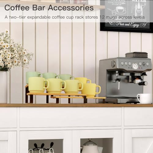 2-Tier Expandable Coffee Mug Holder for Cabinet, Black Metal & Bamboo Cup Organizer Rack, Kitchen Counter Shelf for Spices & Tea, Coffee Bar Accessories Storage, Sturdy Pantry Insert (Natural)