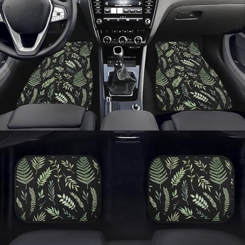 Tropical Plants Car Floor Mats Summer Botanical Background with Green Leaves Branches and Herbs Black Floor Mats for Cars Universal Vehicle Front Rear Foot Carpet Rugs for Trucks SUV Sedans