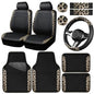 CAR PASS Leopard Print Faux Leather Car Seat Covers & Leopard Car Mats&Leopard Steering Wheel Cover Seat Belt Universal Car Accessories for SUV,Van,Saden,Truck Automobile Interior Sets(Gold Black) - color: Leopard Gold combo