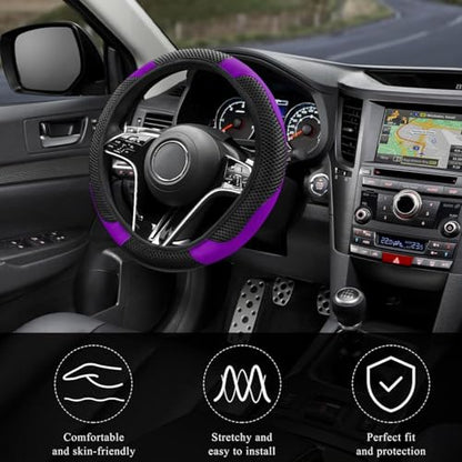 Elastic Stretch Steering Wheel Cover, Warm in Winter and Cool in Summer, Universal 15 inch Microfiber Breathable Ice Silk Anti Slip Car Interior Accessories, Odorless, (Black Purple)
