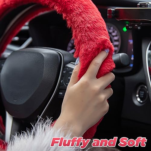 SEG Direct Furry Car Steering Wheel Cover with Fluffy Gear Shift Cover Soft Warm Non-Slip Car Decoration for Women Girls 2 PCS Set, Red - color: Red