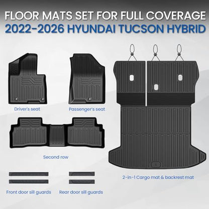 Floor Mats Set for Hyundai Tucson 2022-2025 2026 Hybrid Version (Not fit Gas and PHEV), All Weather TPE Cargo Liner Backrest Mat Trunk Mat Door Sill Guards Accessories