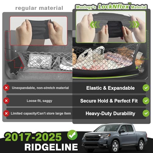 Truck Bed Cargo Net Trunk Netting Compatible with Honda Ridgeline 2017-2025 2026 Accessories, Pickup Cargo Organizer SUV Sedan Storage Net w/Heavy Duty Carabiners - style: 2017+ Ridgeline