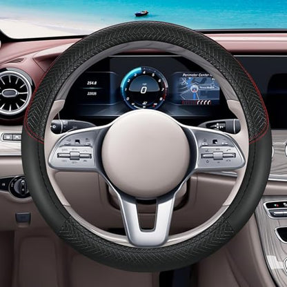 Black Car Steering Wheel Cover, Microfiber, Leather Patchwork, Universal 14.5-15 Inch Leather Anti-Slip Breathable Auto Steering Wheel Covers for Men Women - color: Black