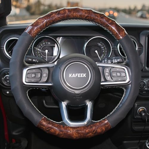 Wood Grain Steering Wheel Cover, Universal 15 Inch, Car Steering Wheel Protector Men Women, Comfort Finger Grips, Breathable Microfiber Leather, Anti-Slip, Black