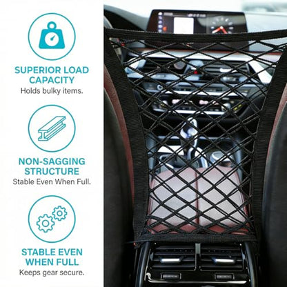 Car Mesh Organizer, 3-Layer Four-Side Elastic Vehicle Kid Dog Pet Net Barrier Between Front Seats, Automotive Interior Storage Netting Pouch for Tissue Purse, Universal for SUV Van Sedan