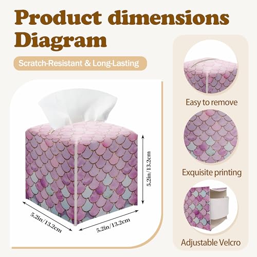 Mermaid Scales Pink Tissue Box Cover, Square Leather Tissue Box Cover Holder Facial Paper Organizer, Decorative Facial Paper Organizer for Bathroom, Home Office Car Decorations - color: Purple
