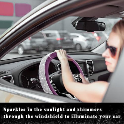 Diamond Leather Steering Wheel Cover, 15 Inch Bling Crystal Rhinestone Anti-Slip Wheel Protector, Universal Sparkling Elegant Diamond Steering Wheels Cover for Women Girl (White&Purple) - color: White&Purple