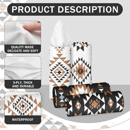 Arttown Car Tissue Holder for Cup Holder,Facial Tissues Bulk 3-Ply,Refillable Western Aztec Vintage Cylinder Tissue Boxes,Fit Car Home Office School,12 Pack (600 Sheets Total,50 Sheets Each)