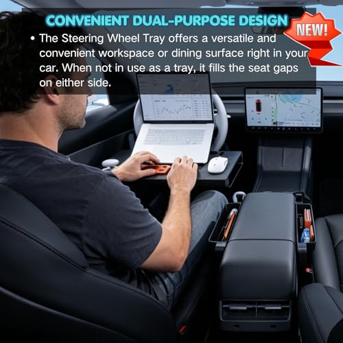 Carbon Fiber 2-in-1 Steering Wheel Tray Table & Car Seat Gap Filler Organizer | Foldable Adjustable Desk for Laptop, Eating & Work | Universal Car Office Accessories for Drivers, Women & Men