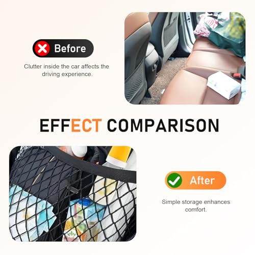 Car Front Seat Organizer, Passenger Seat Elastic Organizer Net with Buckle, Multifunctional Storage Net for Phone, Bottles, Toys, Universal for Cars, Trucks, SUVs (Black)