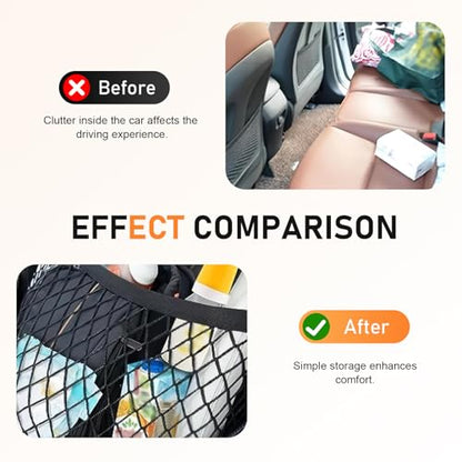 Car Front Seat Organizer, Passenger Seat Elastic Organizer Net with Buckle, Multifunctional Storage Net for Phone, Bottles, Toys, Universal for Cars, Trucks, SUVs (Black)