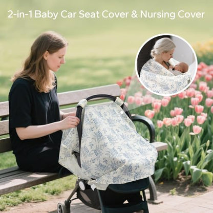 SERAPHY 2-in-1 Muslin Baby Car Seat Cover & Nursing Cover, Soft Lightweight Breastfeeding Cover for Boys and Girls,Breathable Canopy for Infant Carseat & Stroller for Summer—Blueberrie - color: blueberries