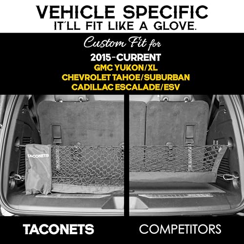 TacoNets Envelope Cargo Net for Suburban | Tahoe | Yukon/XL | Escalade/ESV - Fits 2015-Current - Upgraded 5mm Bungee - Integrated Storage Bag - Heavy Duty Hooks - Designed in USA - style: Chevy Tahoe / GMC Yukon / Cadillac Escalade 2015+