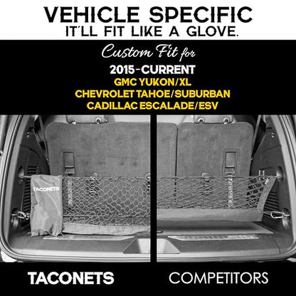 TacoNets Envelope Cargo Net for Suburban | Tahoe | Yukon/XL | Escalade/ESV - Fits 2015-Current - Upgraded 5mm Bungee - Integrated Storage Bag - Heavy Duty Hooks - Designed in USA - style: Chevy Tahoe / GMC Yukon / Cadillac Escalade 2015+