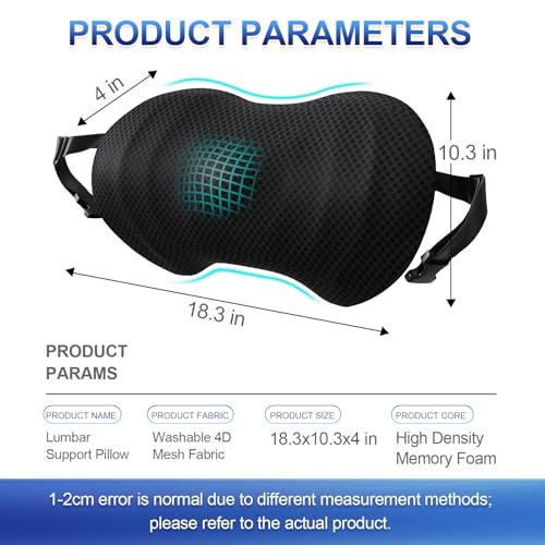 Lumbar Support Pillow, Ergonomic Back Cushion for Office Chair with Adjustable Straps & Detachable Breathable Cover,Memory Foam Car Lumbar Pillow, Back Support Pillow for Car, Office,Bed Rest(Black)