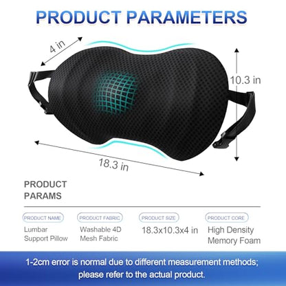 Lumbar Support Pillow, Ergonomic Back Cushion for Office Chair with Adjustable Straps & Detachable Breathable Cover,Memory Foam Car Lumbar Pillow, Back Support Pillow for Car, Office,Bed Rest(Black)
