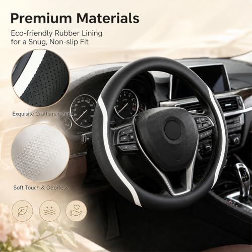Steering Wheel Cover Black White, Carbon Fiber Car Steering Wheel Covers with Coasters Universal 14.5-15 inch Leather Microfiber Breathable Anti-Slip Steering Wheel Accessories Set - color: White, size: Medium