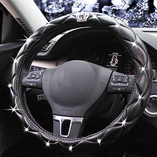 Diamond Black Leather Bling Steering Wheel Cover for Women Car Steering Wheel Protector Queen Rhinestones Anti-Slip Universal Fit 14 1/2-15 inch - color: Crown