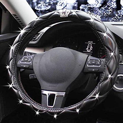 Diamond Black Leather Bling Steering Wheel Cover for Women Car Steering Wheel Protector Queen Rhinestones Anti-Slip Universal Fit 14 1/2-15 inch - color: Crown