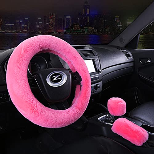 Pinbola 5pcs in 1 Set Faux Wool Steering Wheel Cover Soft Fluffy Handbrake Cover & Gear Shift Cover & 2pcs Seat Belt Shoulder Pads Warm Universal Fit for 15 Inch (Pink) - color: Pink