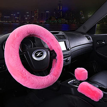 Pinbola 5pcs in 1 Set Faux Wool Steering Wheel Cover Soft Fluffy Handbrake Cover & Gear Shift Cover & 2pcs Seat Belt Shoulder Pads Warm Universal Fit for 15 Inch (Pink) - color: Pink