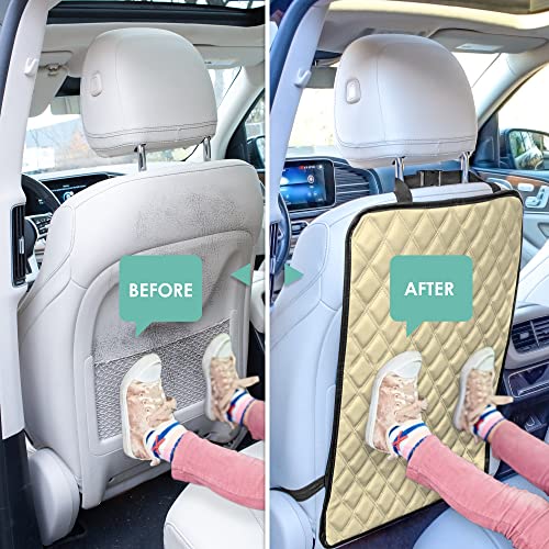 FH Group Faux Leather Auto Seat Back Kick Protectors, Heavy Duty Car Kick Mat for Kids –2-Pack Diamond Stitched Back Seat Protector, Waterproof Protection, Easy to Clean - color: Beige, style: Kick Mat - Diamond