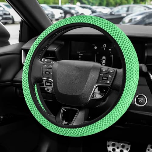 Elastic Stretch Steering Wheel Cover, Steering Wheel Protector, 15 Inch Anti-Slip Breathable Microfiber Ice Silk Protection, Easy Carry, Warm in Winter & Cool in Summer for Cars (Green) - color: Green