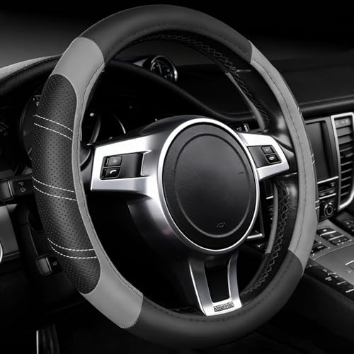 NBTEPEM Customized Auto Car Steering Wheel Cover for Honda Accord, Civic, CR-V, HR-V, Pilot, Microfiber Leather Sport Steering Wheel Covers 14.5-15 inchs, Anti-Slip, Safety, Soft(Black-Grey) - color: Black-Grey