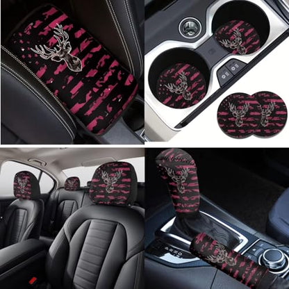 16 Pcs American Flag Printed Car Accessories Set for Women Men, Camo Deer Print Car Seat Cover Set with Steering Wheel Cover Seat Belt Cover Armrst Cover Car Seat Headrests Cover Cup Coaster - color: Pink and Black - American Flag Camo Deer