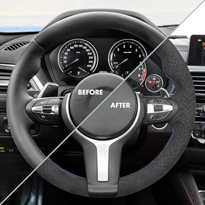 MEWANT Hand-Stitched Steering Wheel Cover for BMW (M Sport) F22 F23 F30 F34 F32 F33 F36 F10 F07 F12 F13 F06 F39 F25 F26 F15 F16, DIY Custom Fit Steering Wheel Wrap for BMW - color: 46:Woven suede + 3M thread