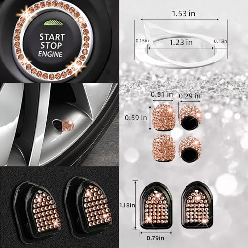 NBTEPEM 27 PCs Gold Champagne Bling Car Accessories Set for Women, Steering Wheel Covers Universal Fit 15 Inch, Bling License Plate Frame, Bling Phone Holder, Bling Car Coasters - color: Gold Champagne